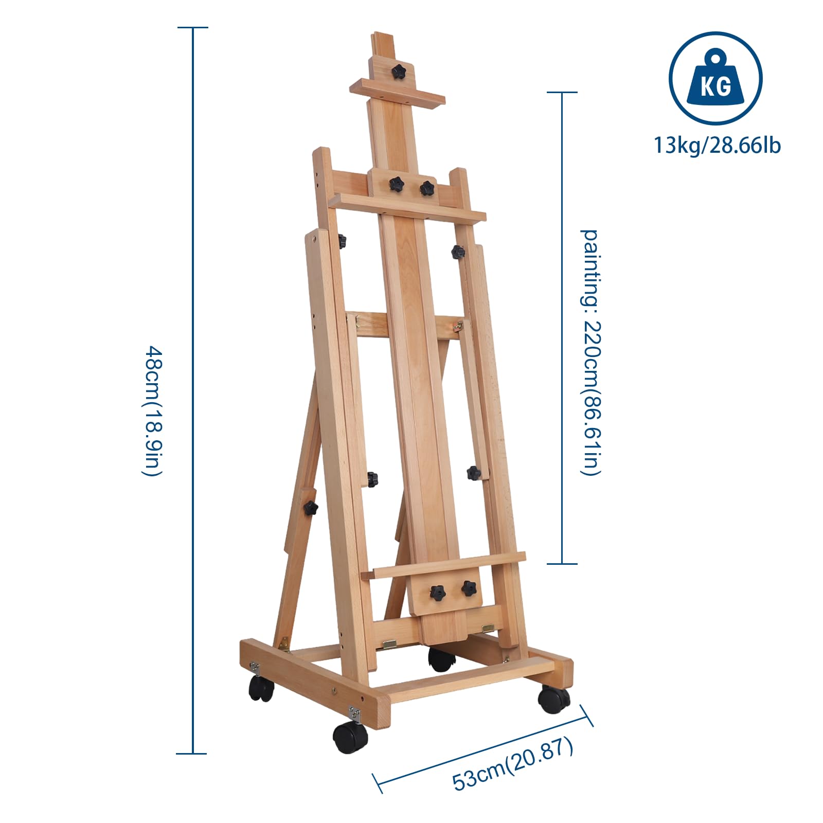 Caballete de madera de haya regulable en altura, 143-232 cm, caballete de pintura con modo plano y 4 ruedas de freno, caballete para lienzo, taller, curso de pintura y exposición