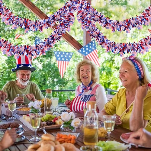 Image of 50FT 4th of July Patriotic Decor Tinsel Garland Decorations, Red White and Blue USA Flag Garlands for Memorial Day Decor Fourth of July Independence Day Indoor Outdoor Yard Home Party Decor Supplies