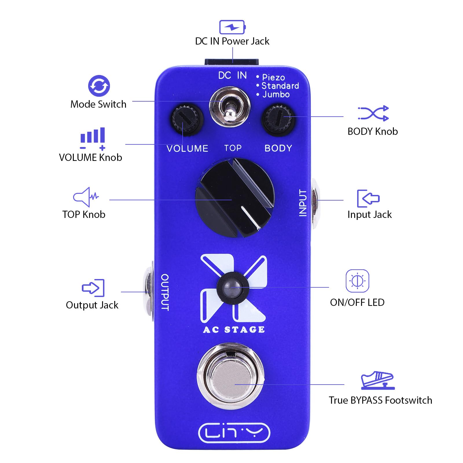 Simulador acústico Efecto de guitarra Pedal CA Etapa de guitarras eléctricas Efecto Pedal 3 Modos Piezo Estándar Jumbo para la conversión de sonido de guitarra