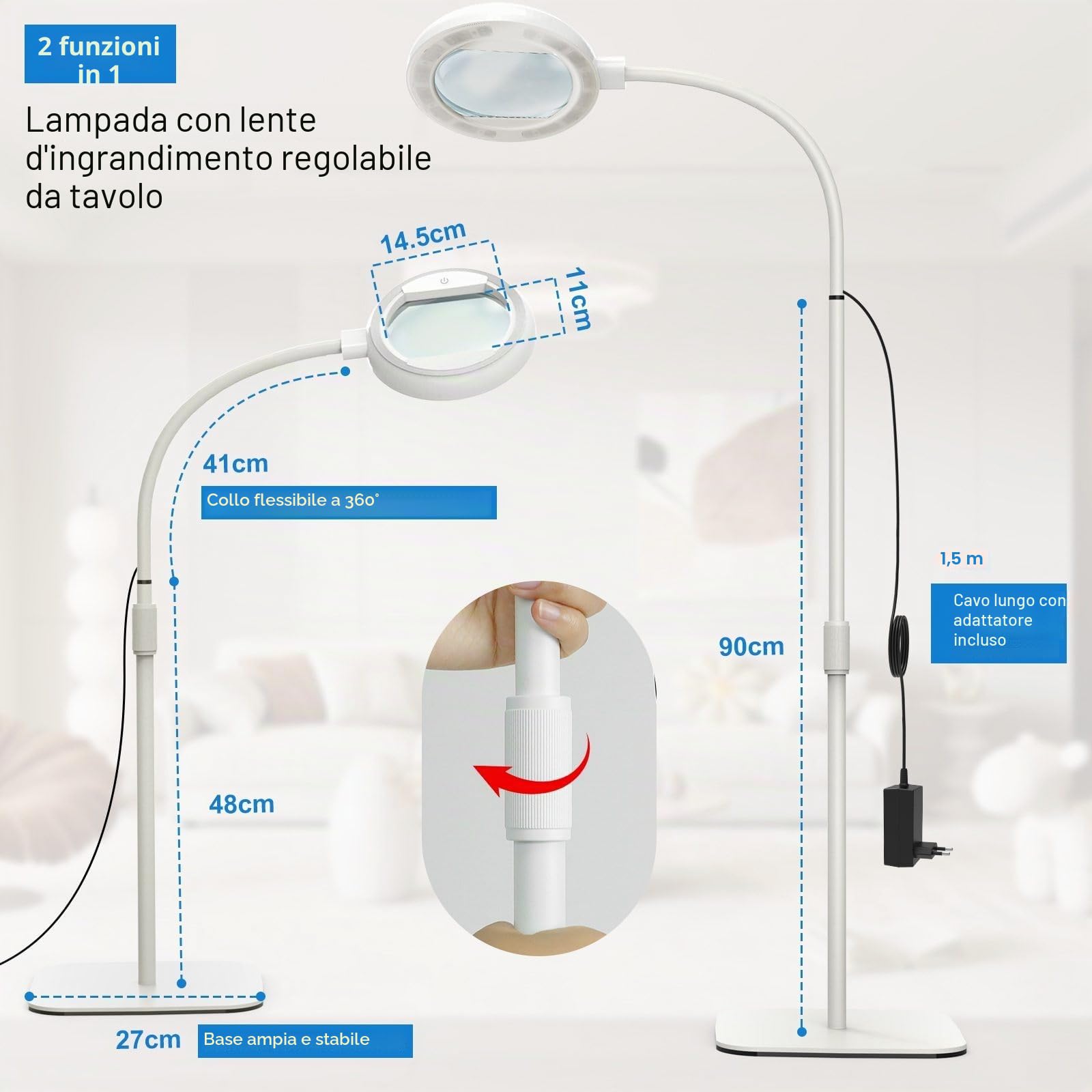 8X Lampada con Lente di Ingrandimento, 56 LED Dimmabile Pavimento Lampada di Ingrandimento con 3 Modalità di Colori, 2-in-1 Lupa Lamp da Terra per Lettura Artigianato Cucitura