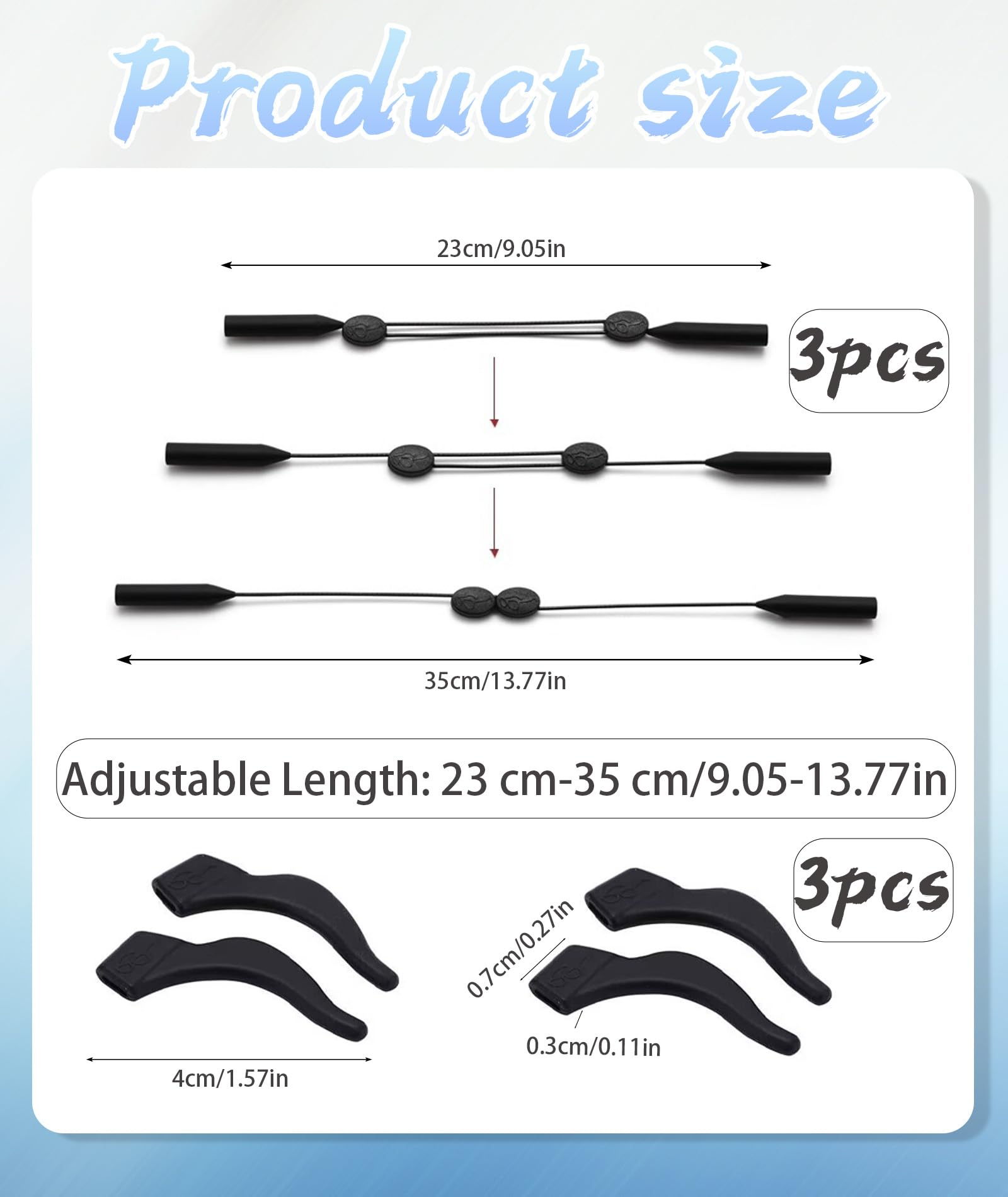 Chuppinz 3 Pcs Black Specs Holder Strap and 3 Pairs Silicone Ear Hooks, Adjustable Sports Band with Silicone Ear Grip, Anti-Slip Eyewear Retainer for Glasses, 35CM Extended Length - Image 2 thumbnail