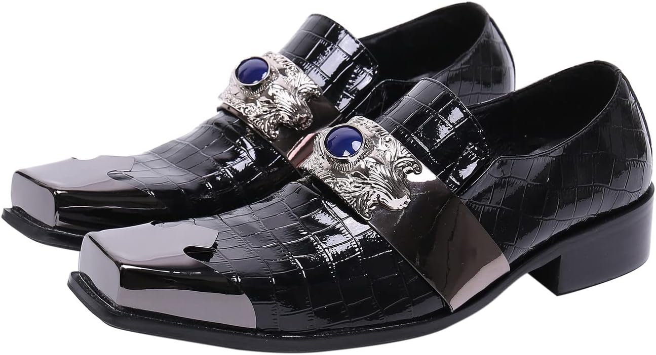 Santimon Mens Croc Dress Loafers Metal-Strapped Genuine Leather Sapphire Decor Hard Square Tip Business Evening Party Wedding Shoes Black 11.5 US