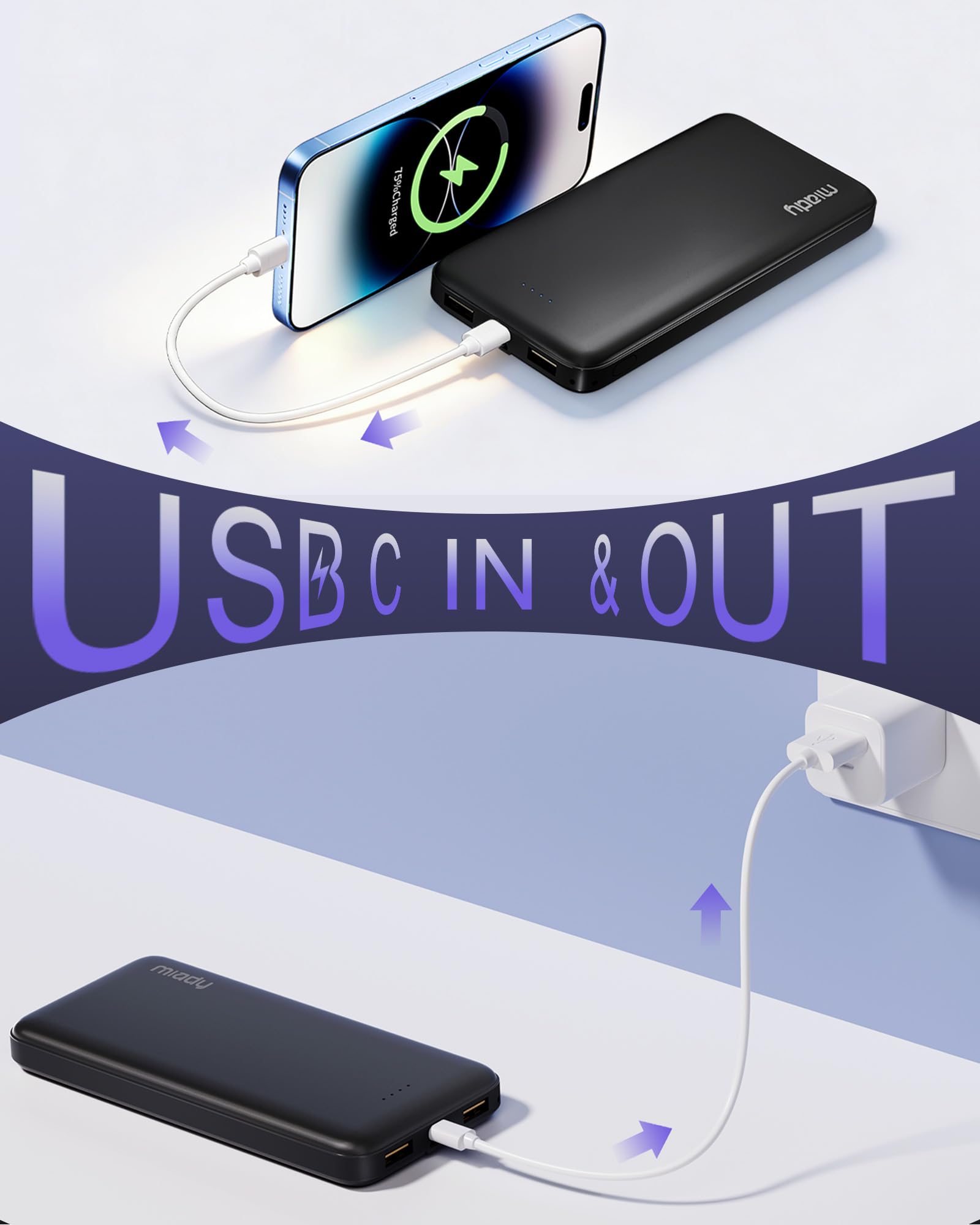 2 Power Bank Miady 10000 MAh – Sottili E Leggeri Con USB-C Input/Output E 2 Porte USB – Per IPhone, Samsung, IPad