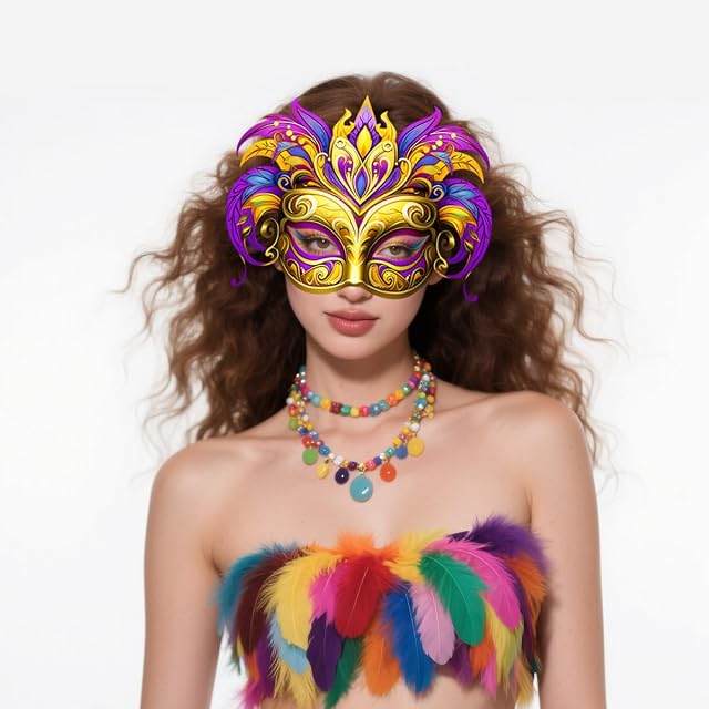 Foto 3 de 7 de BSLVWG 9 máscaras de Mardi Gras para carnaval, desfile de carnaval, máscaras faciales de plumas sintéticas