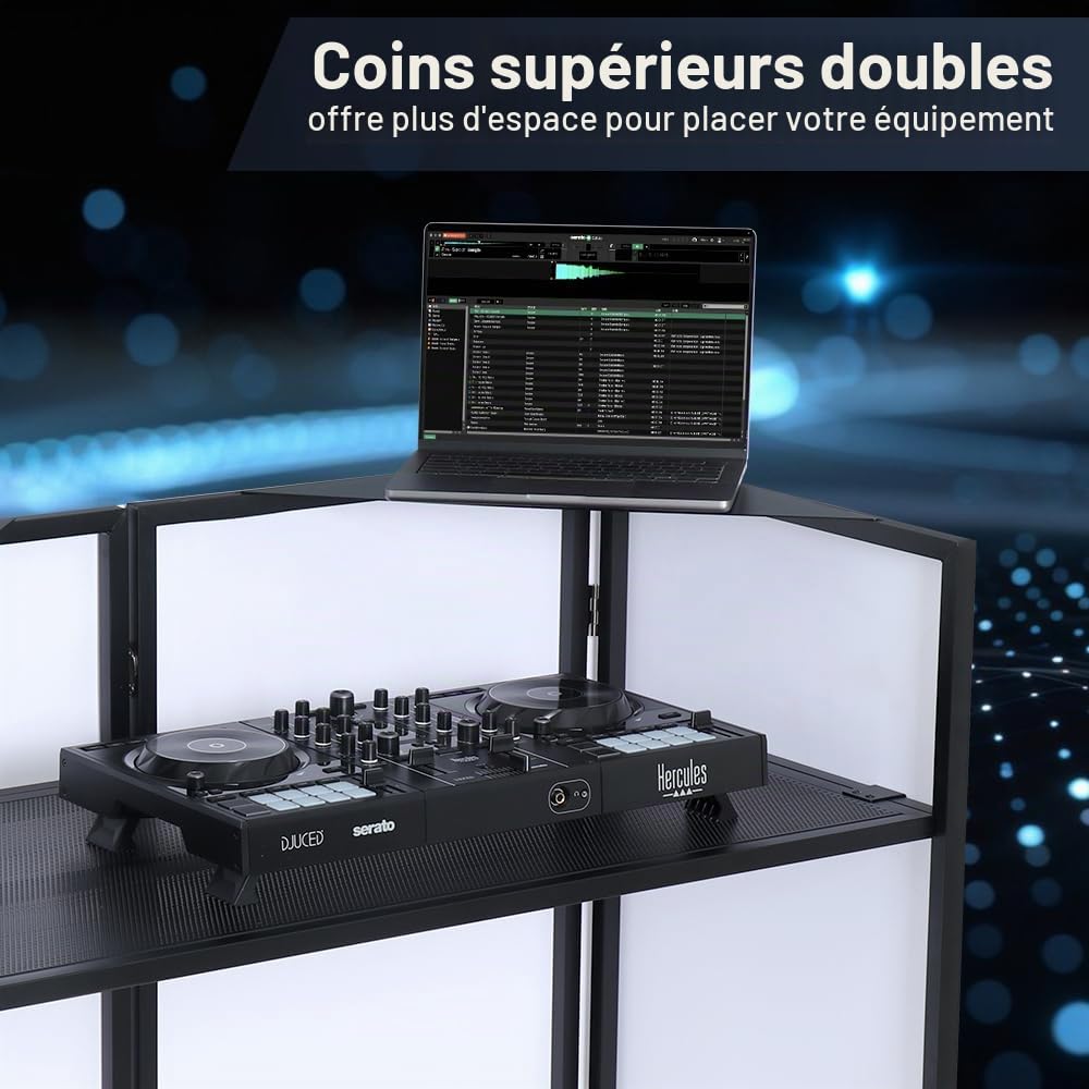 Kokorona Cabine DJ portable 108 x 51 x 115 cm avec deux coins supérieurs, cabine de façade DJ avec trou pour câble, support de table DJ avec bande lumineuse et télécommande, cadre en métal + Scrims