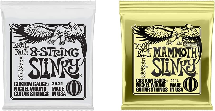 Ernie Ball 8-String Slinky Nickel Wound Electric Guitar Strings, 10-74 Gauge (P02625) & Mammoth Slinky Nickel Wound Electric Guitar Strings - 12-62 Gauge