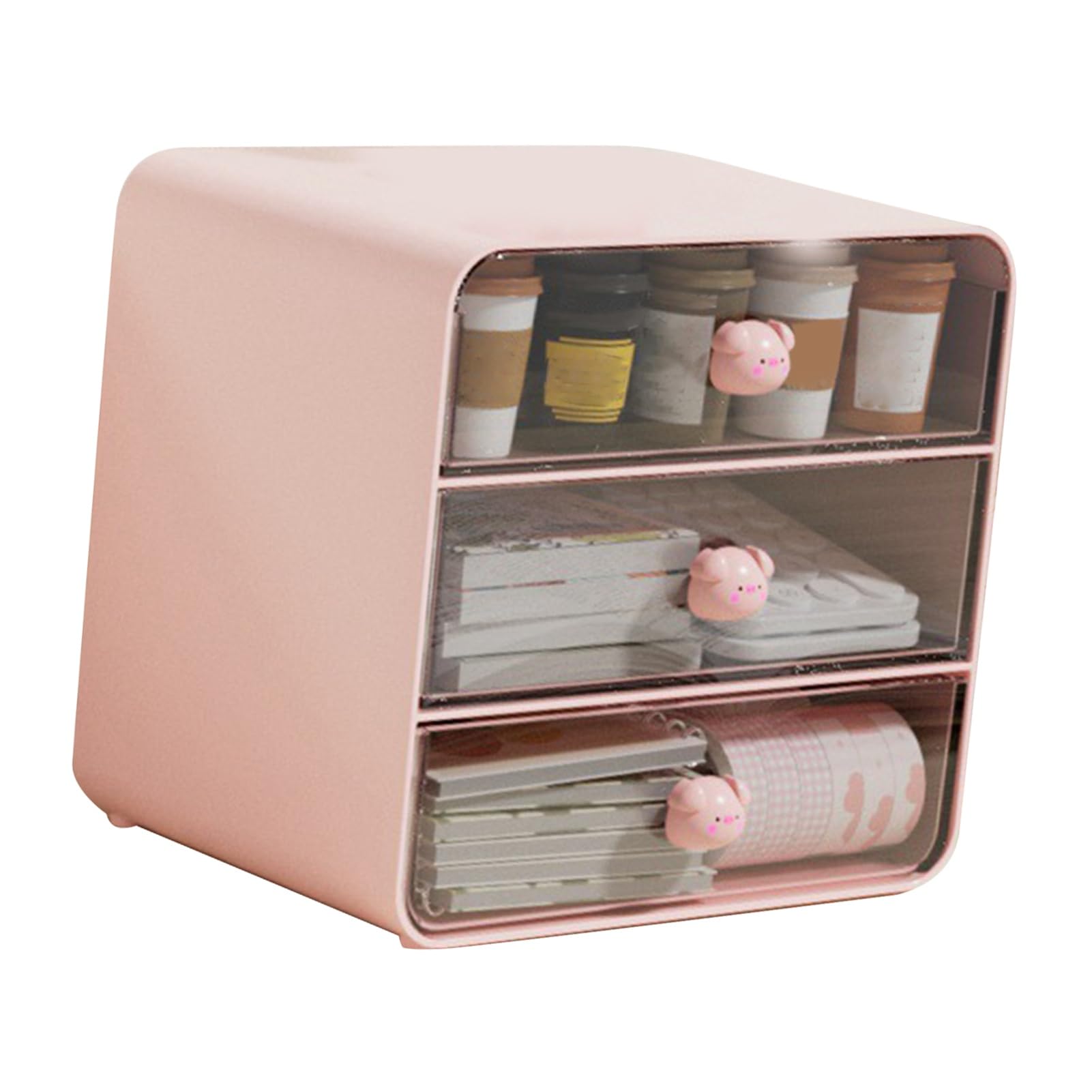 Sonew Organizer da Scrivania con 3 Cassetti, Organizer per Cosmetici in Plastica, Contenitore da Scrivania per Ufficio, Dormitorio, Scuola, Casa (Grande porcellino rosa)