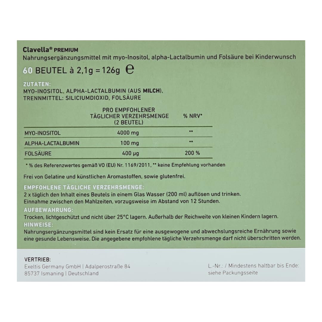 Clavella premium 1x 60 Beutel I Nahrungsergänzungsmittel für Frauen mit Kinderwunsch I körperliche Vorbereitung auf Schwangerschaft I Folsäure I Myo-Inositol I Spar-Set plus Pharma Perle give-away