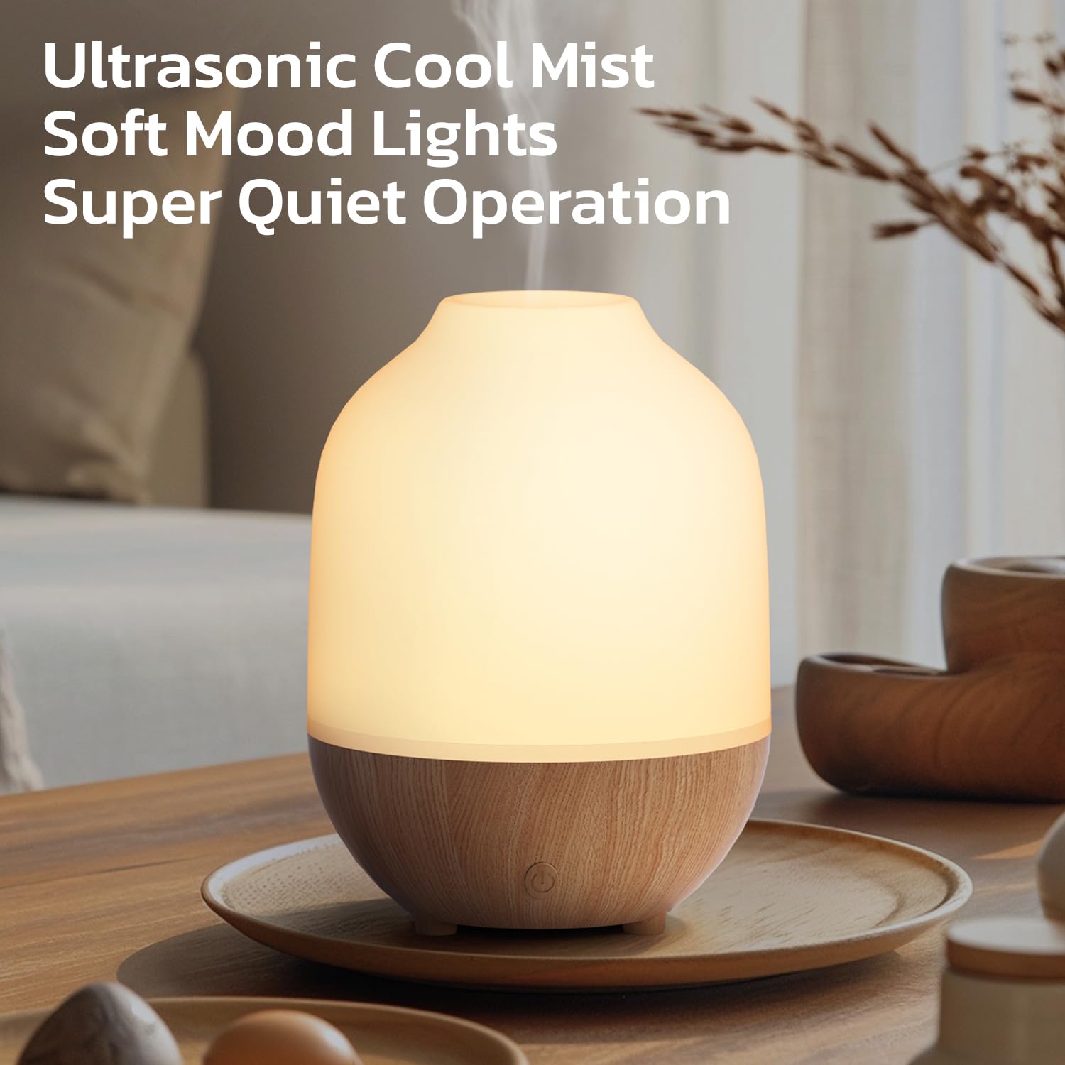 Aroma Difuser SALUBRITO Keramische Aromadiffuser | Ultrasone Luchtbevochtiger | Voor Etherische Oliën | 4 Tijdsinstellingen | Automatische Uitschakeling | Wit Keramiek Design Witte Diffuser Met Houten Sokkel