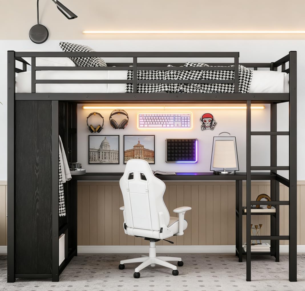 Bellemave Twin XL Loft Bed with Desk, Wardrobe, Metal Twin XL Loft Bed Frame, Black and Dark Wood Grain