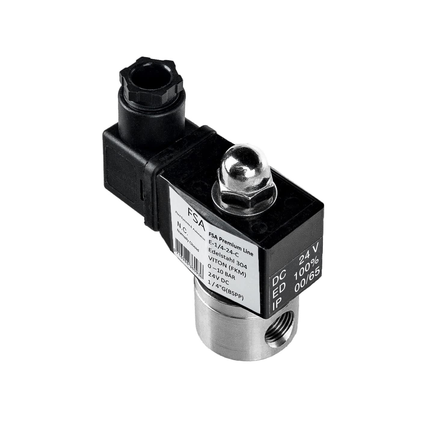 FSA Elettrovalvola in Acciaio Inox 304 1/4" 24V DC 0-10 bar Viton normalmente chiusa