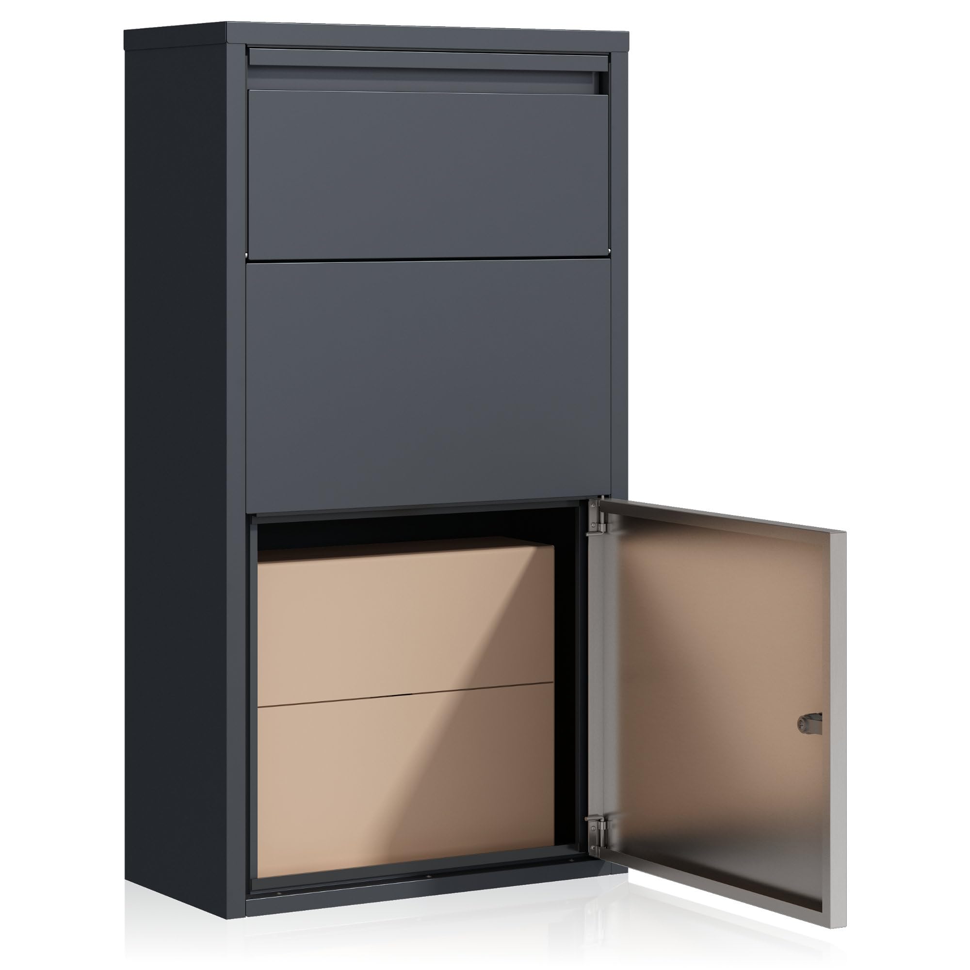 Zelsius Briefkasten mit Paketfach | Edelstahl, Anthrazit RAL 7016 | pulverbeschichteter Stahl | integrierte Rückholsperre | Wandmontage, Bodenmontage | Paketbriefkasten, Paketbox, Parcel Box