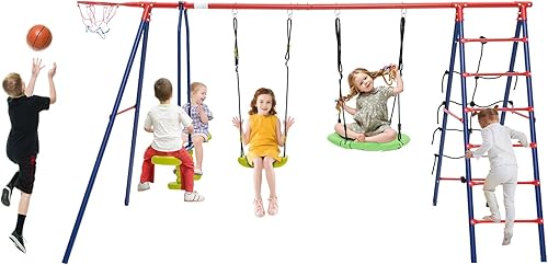 Costzon Juegos de columpios para patio trasero, juego de columpio de metal resistente 6 en 1 con 2 columpios, planeador, aro de baloncesto, escalera