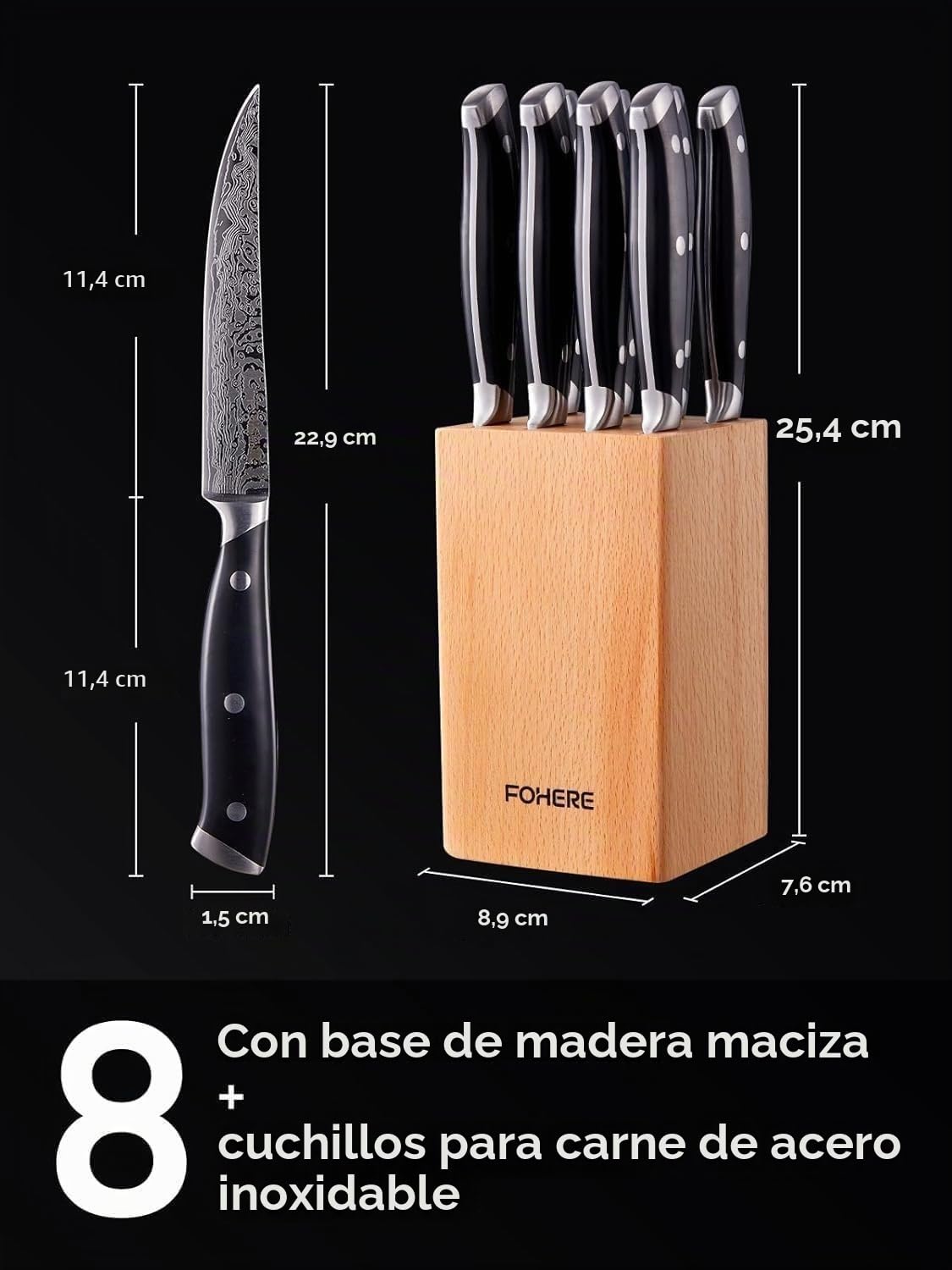 FOHERE Cuchillos para Carne con Bloque de Cuchillos, Juego de 8 Cuchillos para Carne de Acero Inoxidable con Hoja Recta Extra Afilada, Patrón de Damasco, Diseño de Mango Ergonómico de Espiga Completa