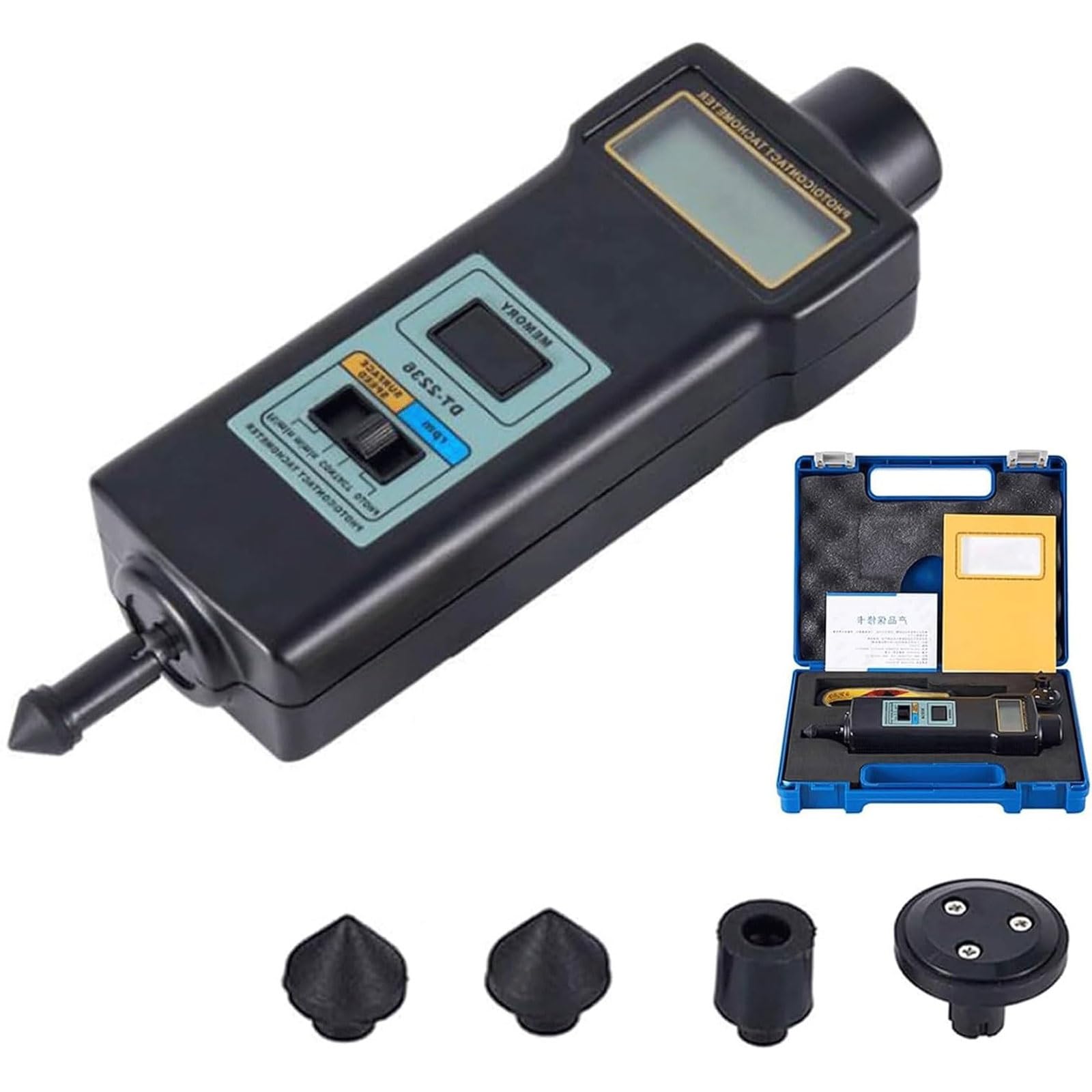 Probador portátil de RPM de contacto y fotografía, tacómetro digital de 2,5-99 999 RPM con sonda de 4 piezas, medición de velocidad lineal (m/min, pies/min), tacómetro lineal con pantalla LCD