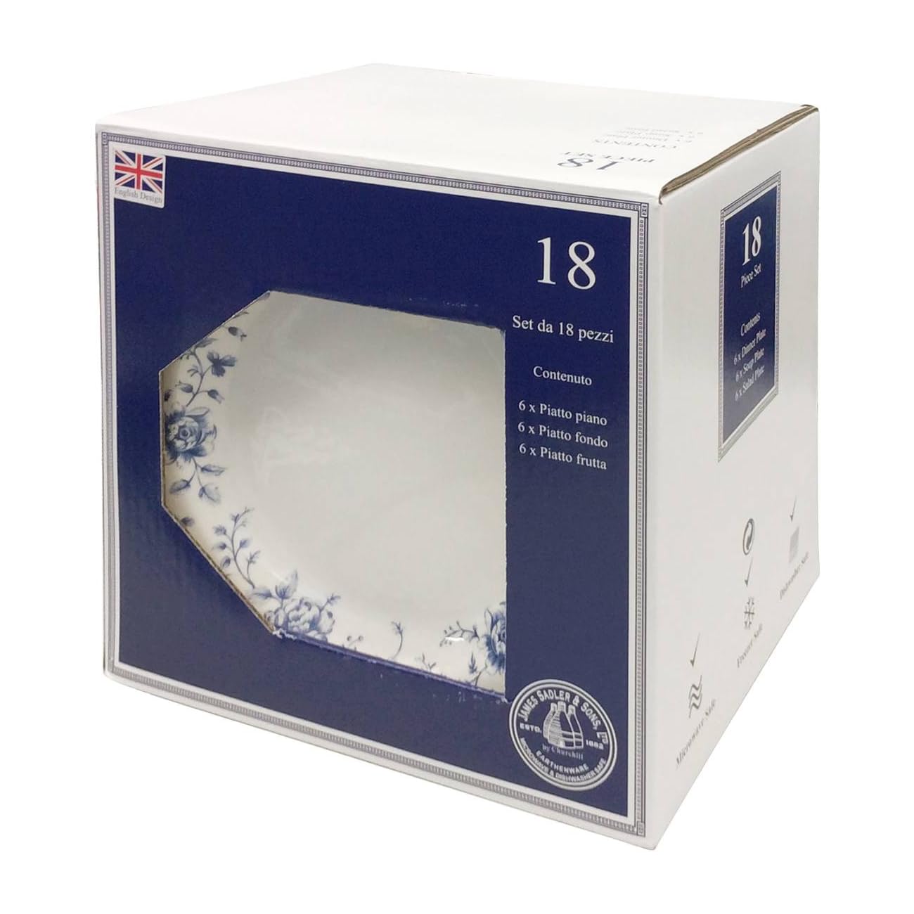 James Sadler&Sons Servizio da Tavola Rose, 18 Pezzi in Earthenware, Bianco/Blu, Lavabile in Lavastoviglie, Stile Inglese
