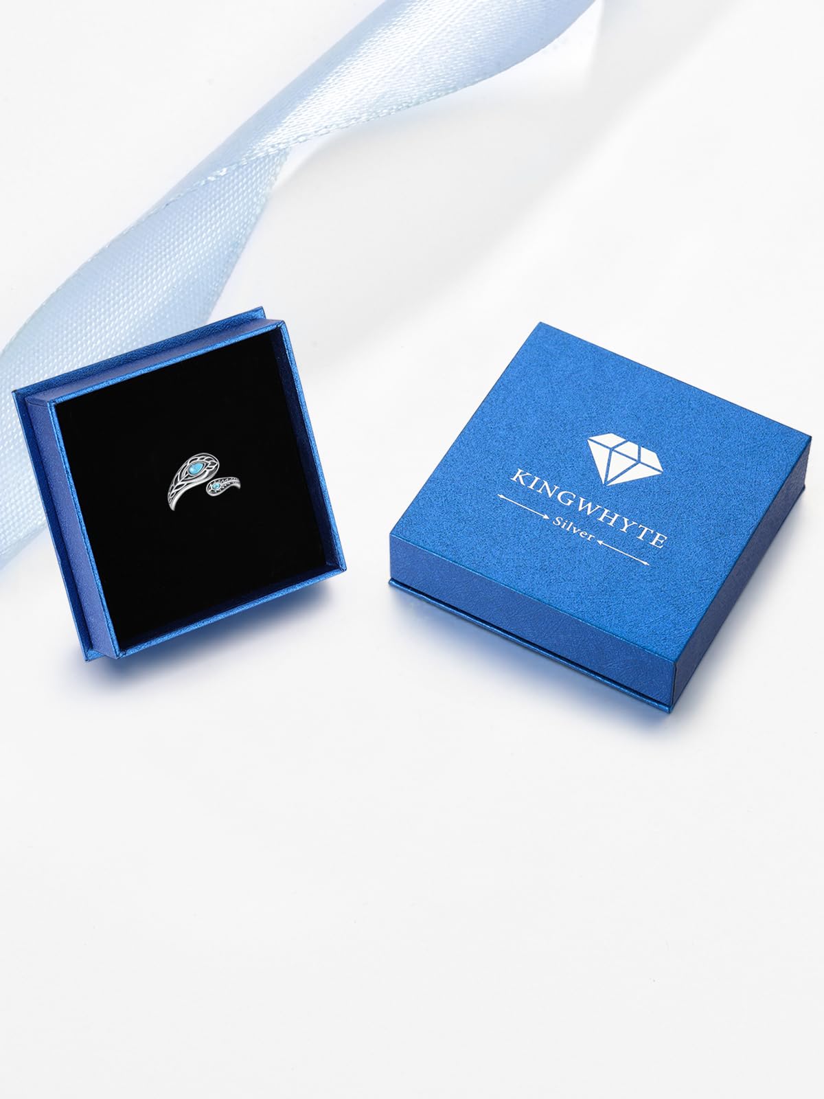 KINGWHYTE Anillo de plata de ley 925 con forma de cuchara de plumas y turquesa, ajustable, anillo abierto, turquesa occidental, regalo para mujer
