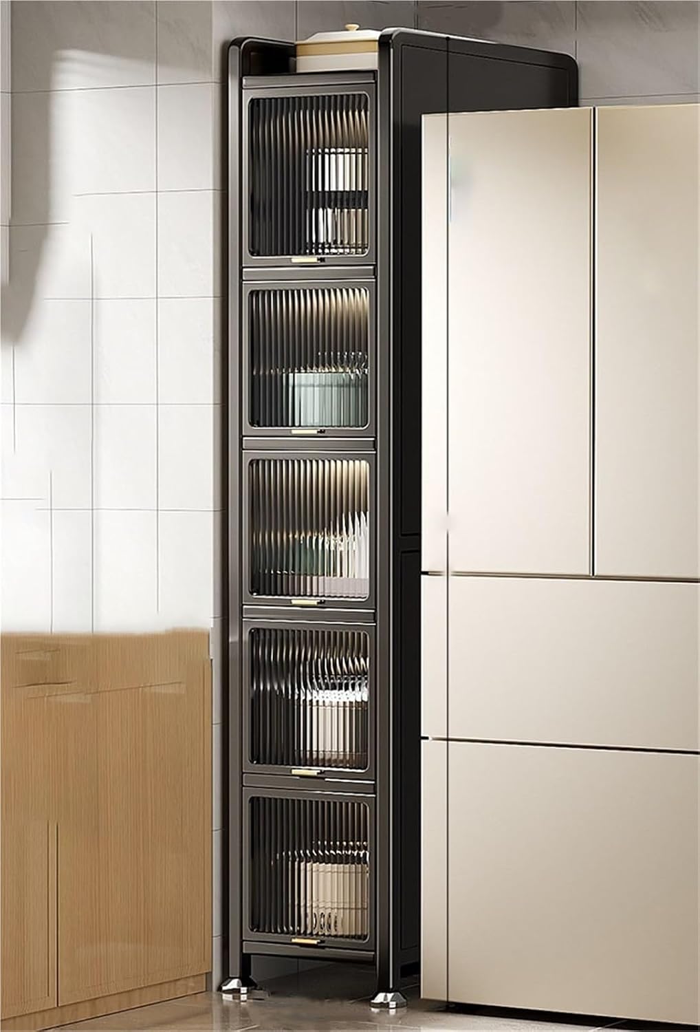 Multi-Layered Storage Cabinet Freestanding Narrow Tall Sideboard Shelf with Transparent Flap Door Design and Wheels Pull Out Cabinet Organizer for Small Space Kitchen,Living Room