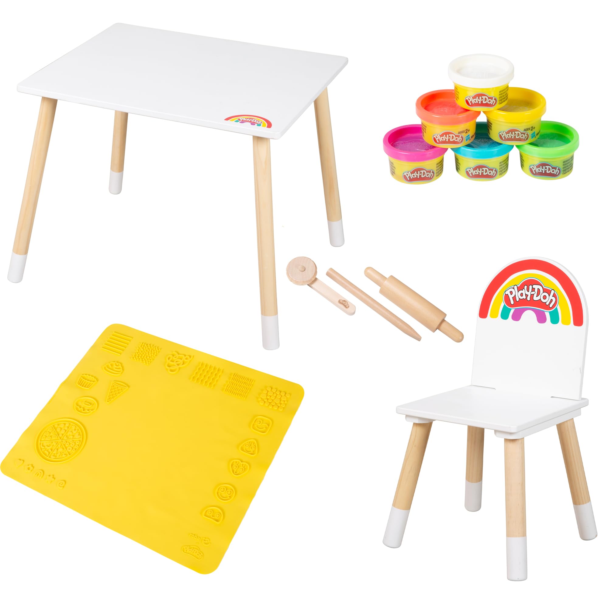 roba x Play-Doh Kreatives Sitzgruppen-Set - Spielset aus FSC-zertifiziertem Holz mit 6 Knetdosen, 3 Holzwerkzeugen, großer 3D-Kreativmatte & Tisch-Stuhl-Kombination - Schönes Geschenk ab 3 Jahren