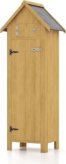 Outdoor Storage Cabinet, Wooden Garden Shed with Waterproof Roof and Lockable Doors, Outside Vertical Tall Tool Shed for Graden Yard, Natural Wood