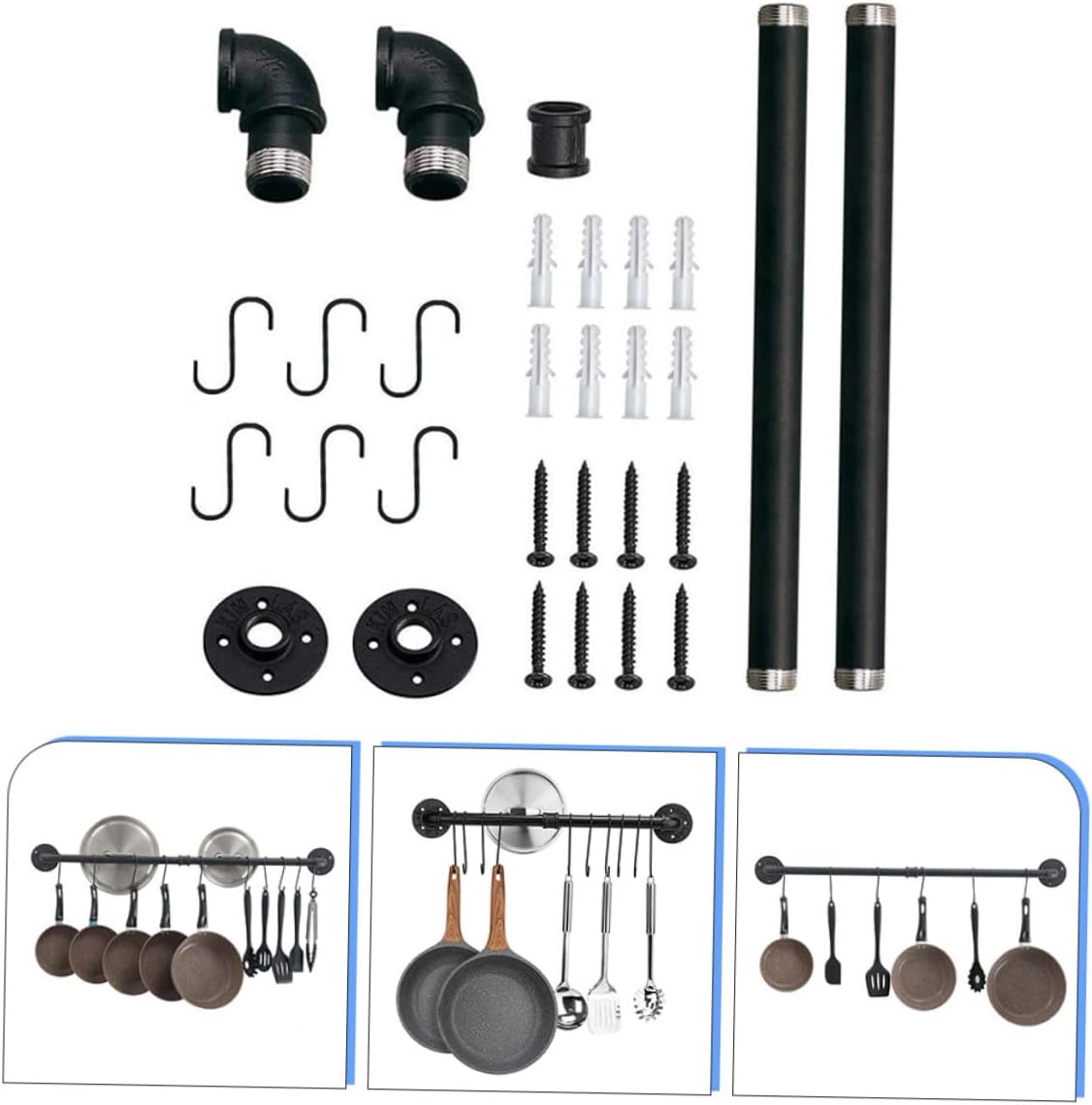 Kichvoe Wall Mounted Iron Pot Rack with Hooks 13x60cm, Kitchen Pan Storage Organizer Rail for Pots and Utensils, Space-saving Cookware Holder for Kitchen Wall