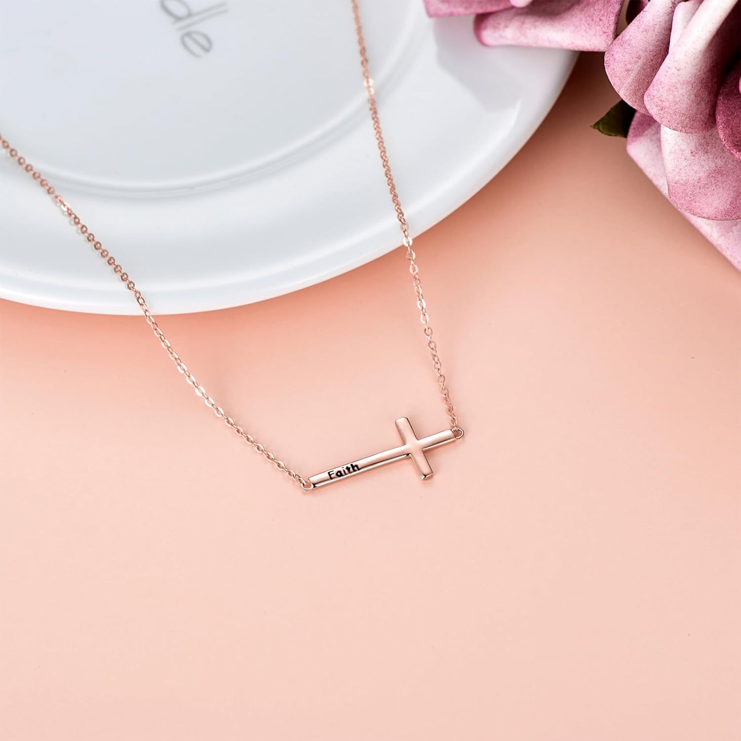 SISGEM 14K Gold Sideways Cross Necklace for Women, Dainty Yellow Gold Engraved Faith Sideways Cross Choker Pendant Adjustable Jewelry for Her, 14"-17" - Image 3