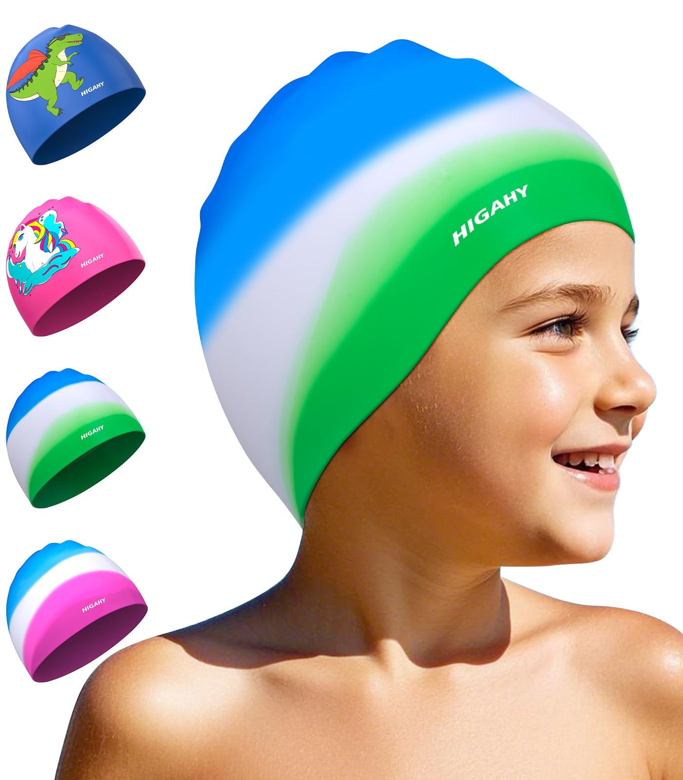 Badekappe Kinder - wasserdichte Badehaube für Jungen Mädchen, Silikon Schwimmkappe für 3-15 Jahre, Bequeme Badekappekinder mit UV-Schutz und rutschfest, Geeignet für Schwimmen Tauchen