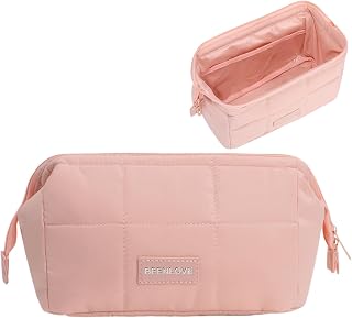Travel Makeup Bag for Women Wide-Open Large Capacity Cosmetic Bag, Toiletry Pouch with Brush Storage, Travel Essentials Accessories(Pink)