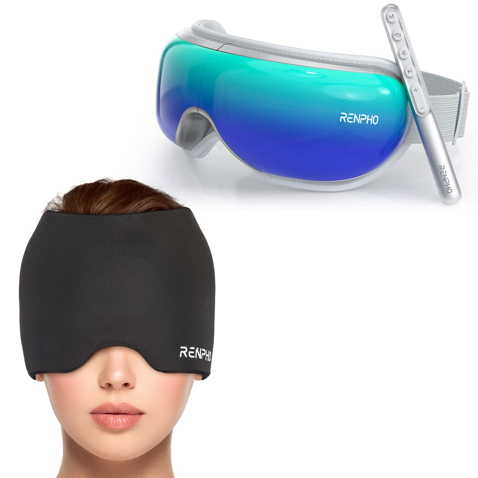 RENPHO Migraine Relief Cap Ice Head Wrap Eye Massager with Remote Control and Heat