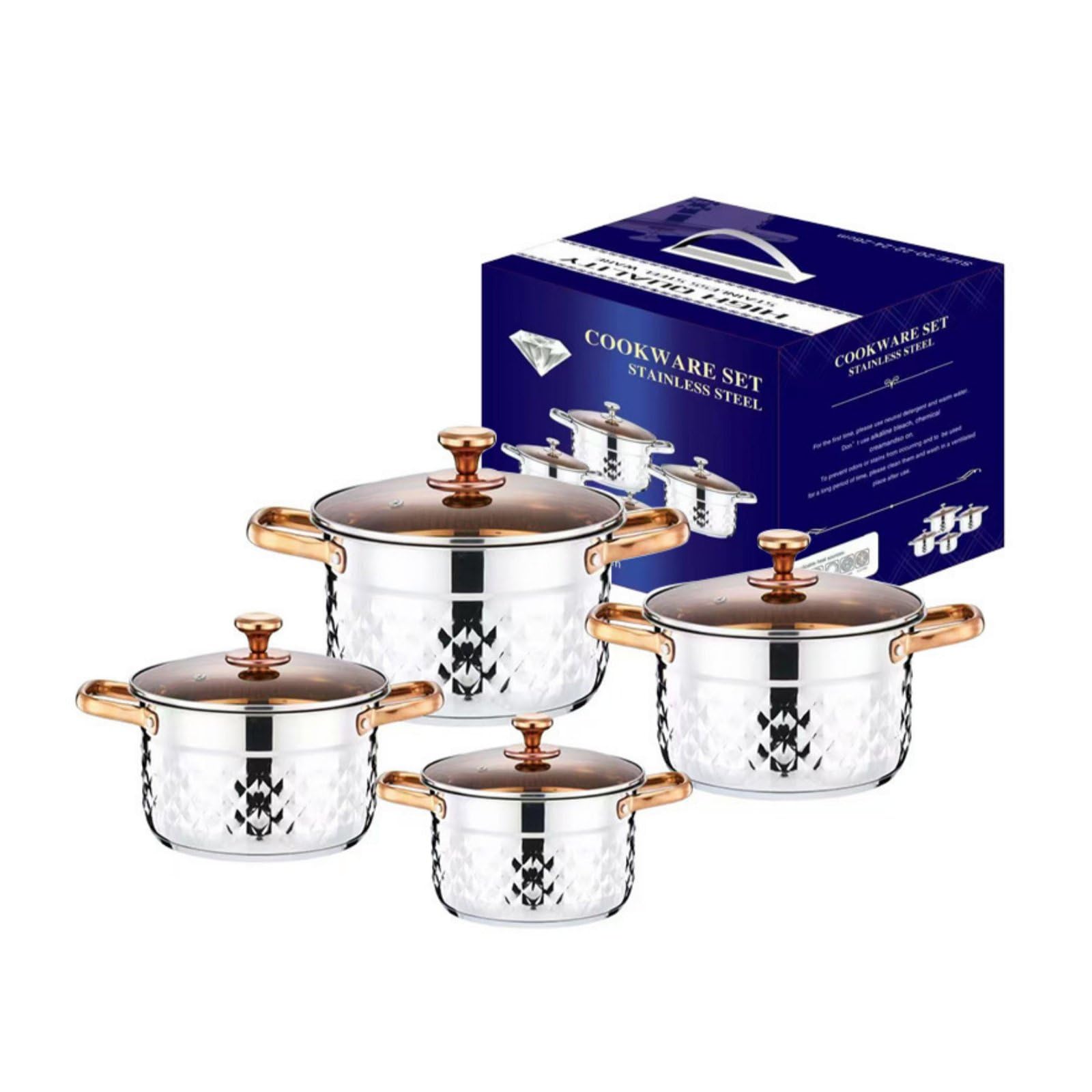 8 Pièces Set de Casseroles Inox Double Poignée Casserole En Acier Inoxydable Fond Épais Ensemble de Cuisine En Acier Inoxydable pour Restauration, Moderne, Poignées En Or Rose