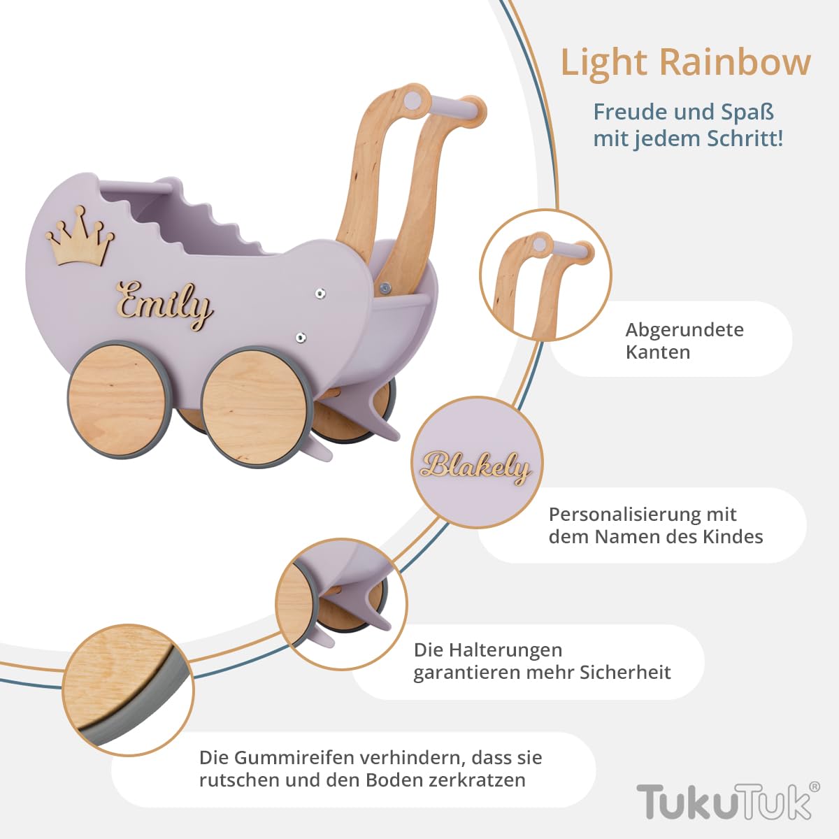 Puppenwagen ab 1 Jahr - Individuell mit Namen - Handgefertigter Puppenwagen - Holzpuppenwagen - Sicher Abgerundete Kanten - Ausdrucksstarke und Schöne Farben (Lavendel)
