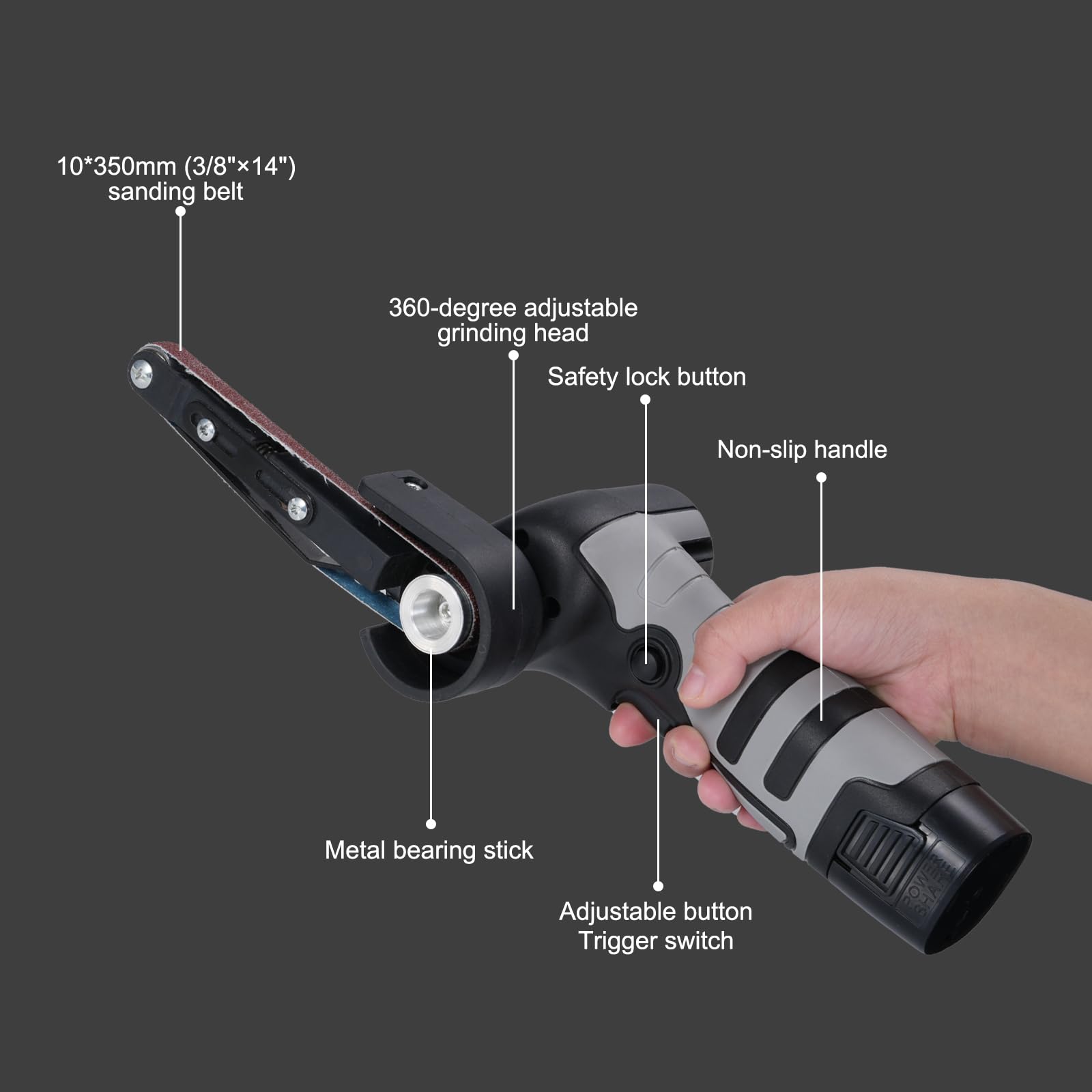 Geevorks Mini lijadora de banda eléctrica, amoladora angular, máquina de cinta de arena, lijadora de cinta, pulidora de banda con velocidad variable de 6500 RPM y 10 correas de lijado para madera,