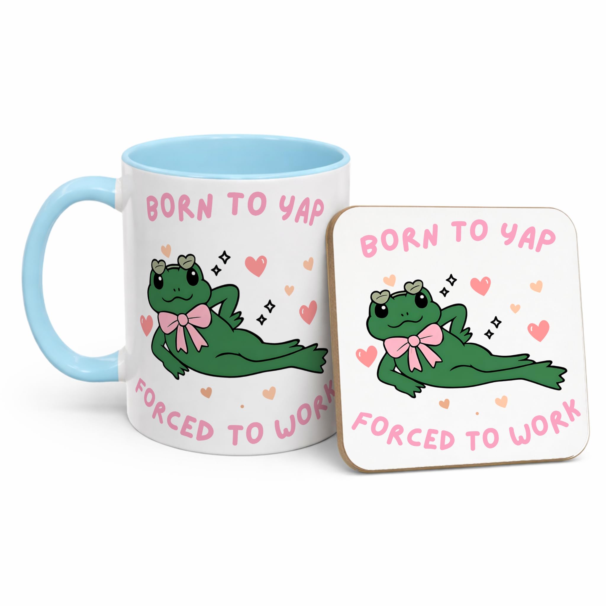 Funny Born to Yap Forced to Work Mug, Frog Meme Coffee Cup, TikTok Viral Mug, Cute Pink Just A Girl Gift, Humour Work Mug for Women, Coworker Office Gift (11oz Baby Blue, Mug & Coaster Set)