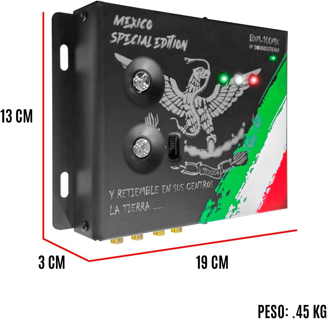 Dimensions of the Soundstream BXM-100MX Bass Restorer, showing length, width, and height measurements.