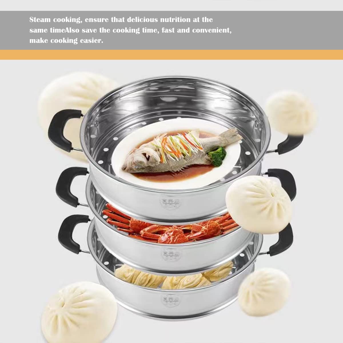 Olla de vapor de acero inoxidable, redonda de 8.6 pulgadas con estante de cocina y cesta de vapor de alimentos para cocina Dim Sum Dumplings Bun (plata, 22 cm)