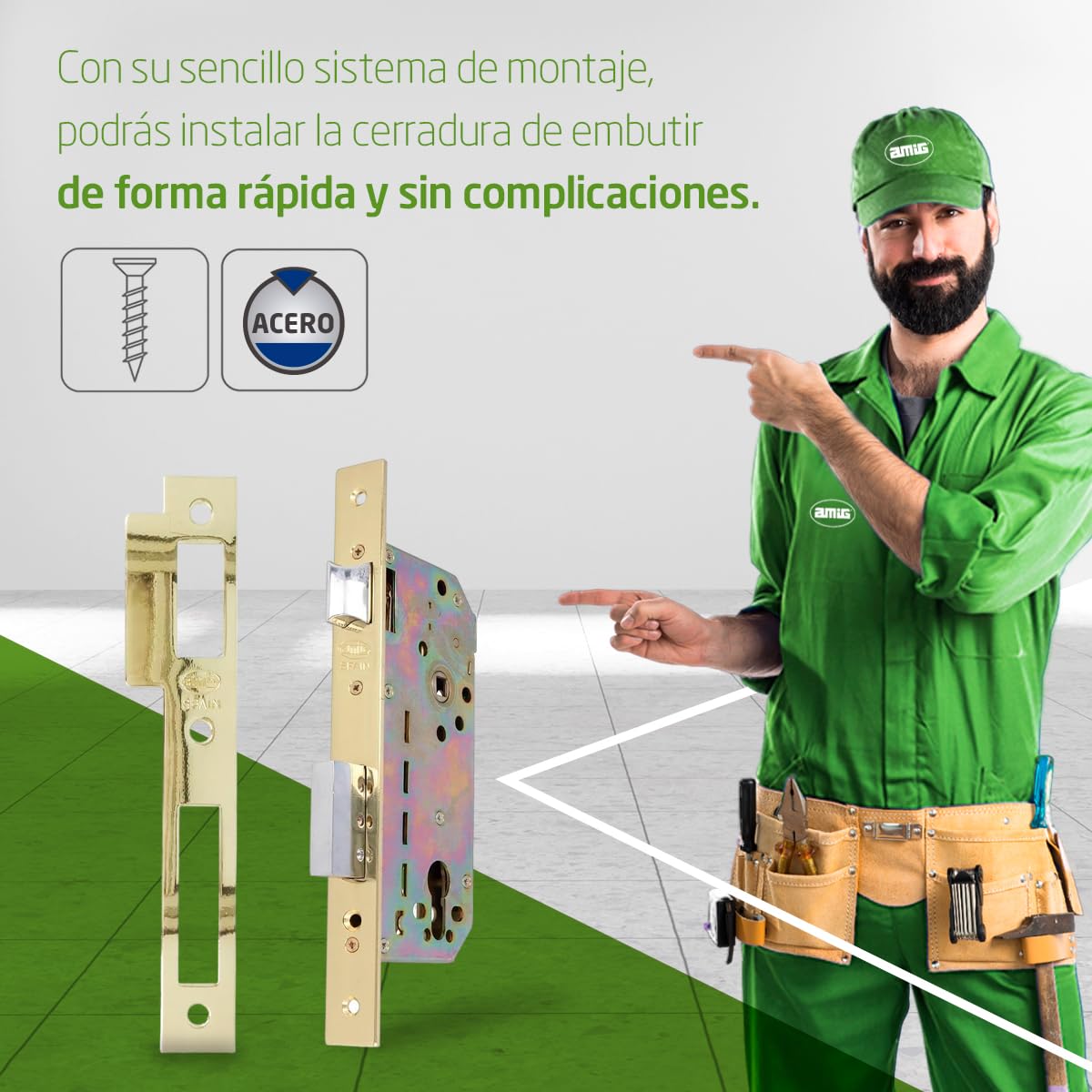 Amig - Cerradura de Embutir con Cilindro de Seguridad y Bocallave + 5 Llaves - Para Puertas de Madera de Entrada - De Acero Latonado - Picaporte Reversible - Para Manillas de 8 mm