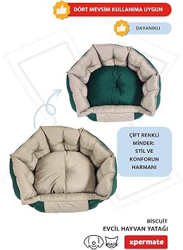 Xpermate Kedi Yatağı Köpek Yatağı Kedi ve Köpek Minderi Tüy Tutmayan Su İtici Kumaş Biscuit (Yeşil - Bej)