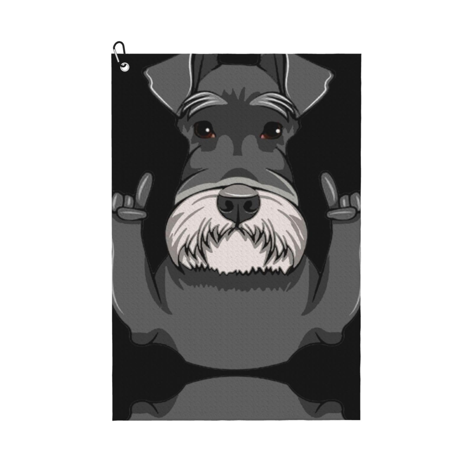 peiyeety Schnauzer Dog Rock Gesture Microfiber Golf Towel with Carabiner Clip, 16x24 Inch Absorbent Waffle Weave Towel for Golf Bags
