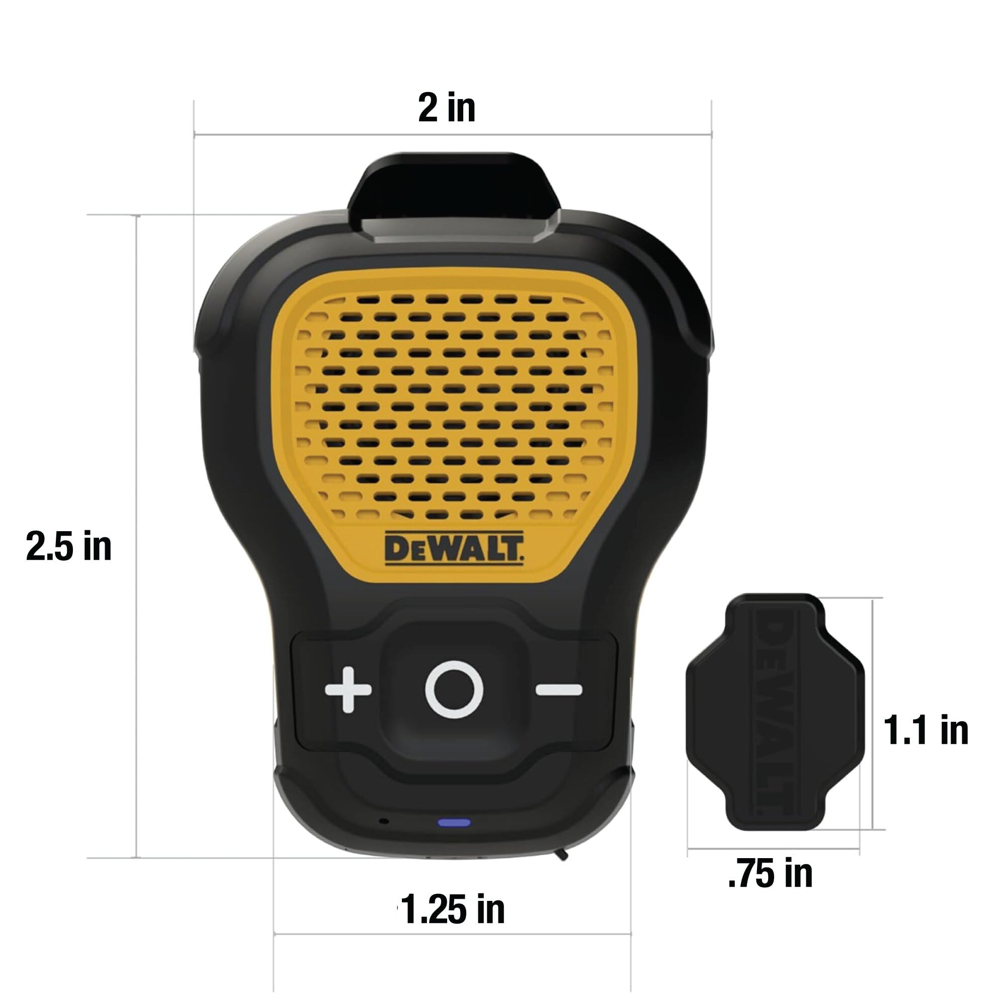 DEWALT Wearable Bluetooth Tragbarer Lautsprecher – Magnetischer Clip-On Wireless Speaker, Jobsite Pro, wasserresistent, Hands-Free Musik & Anrufe, Outdoor & Baustelle, Gelb