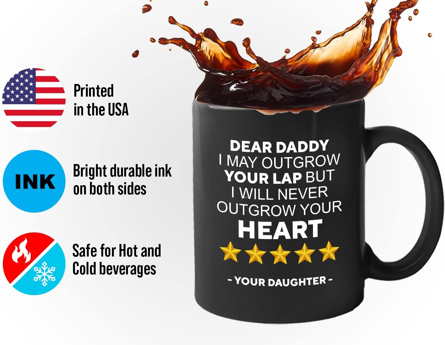Bubble Hugs Dad Coffee Mug 11oz Black - never outgrow your heart - Father's Day from Sassy Daughter for Sarcastic Papa Papi Stepdad Grandpa Mom's Husband Favorite Parent