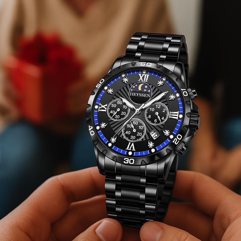 Watches for Men Stainless Steel: Dress Watch for Mens Quartz Analog Wrist Luxury Black Metal Tone Blue Dial Big Classic Diver Waterproof Chronograph Black Face Business Man Gift