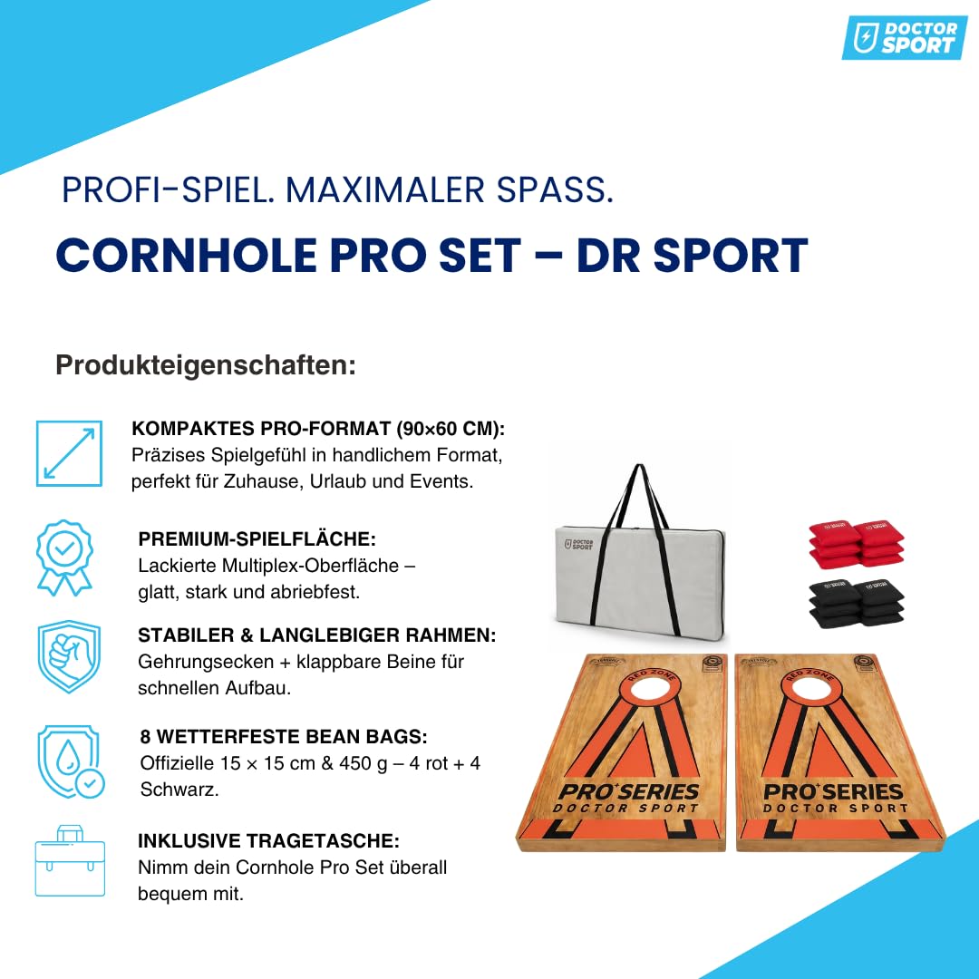 Dr Sport Cornhole Pro+ Set 90×60 cm – 2 Boards (Double Set) – Echtholz – 14 kg – 8 Bean Bags & Tragetasche