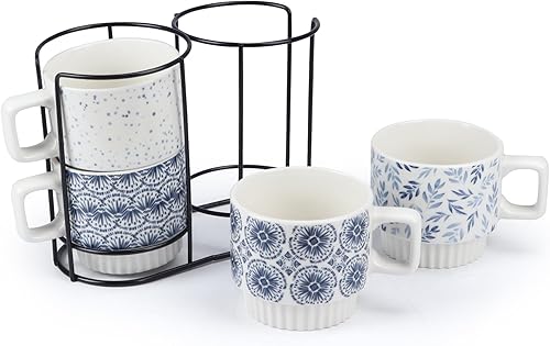Lavezee BR230671 - Tazas de café apilables con soporte, taza de cerámica de 12 onzas, juego de 4 tazas de regalo para té y leche con leche, taza