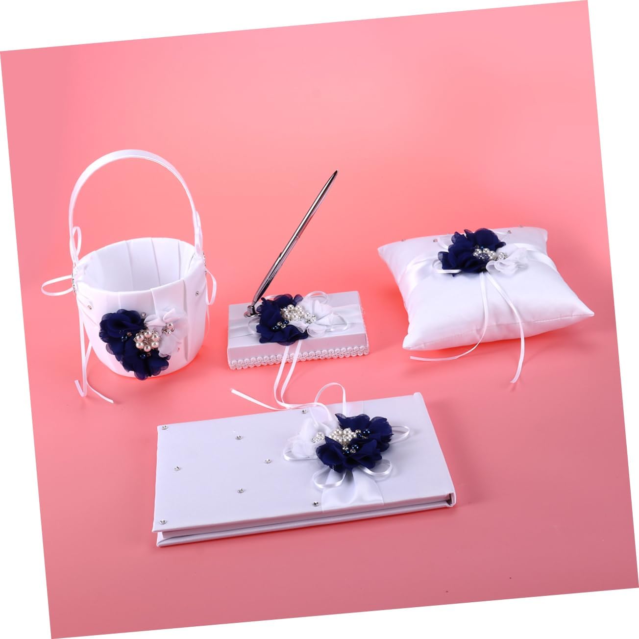 Ciieeo 4pcs Wedding Ring Pillow Set 20x20cm White Basket Flower Girl Basket for Bride Ring Pillow and Flower Set