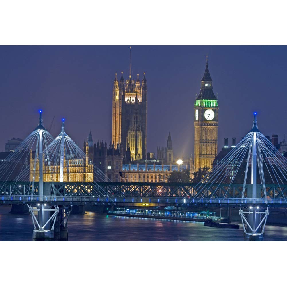 Haoyiyi 10x7ft City Photography Backdrop London Night View Big Ben Westminster Abbey Thames River Bridge Background for Kids Adult Personal Portrait