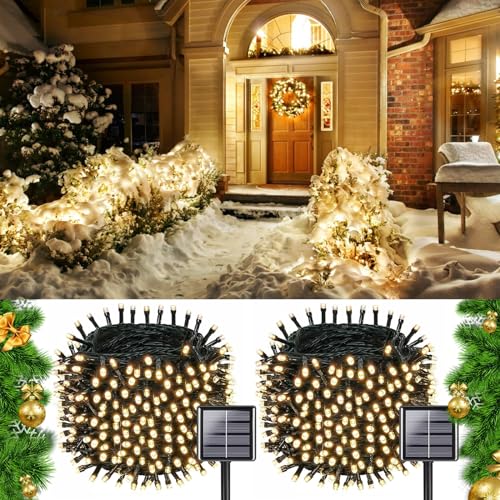 Overlength Solar Christmas Lights 2PACK Total 180FT 500LED Solar String Lights Outdoor, Auto On/Off Waterproof Green Wire with 8 Modes Solar Lights for Outside Christmas Tree Decorations (Warm White)