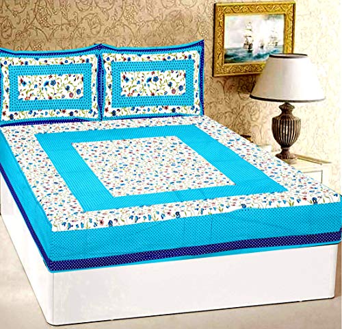 Image of RajasthaniKart Pure 100% Cotton Double Bed Sheet with 2 Pillow Covers (Bedsheet for Double Bed Cotton, Green Bindiya Jaipuri, King Size,5216)