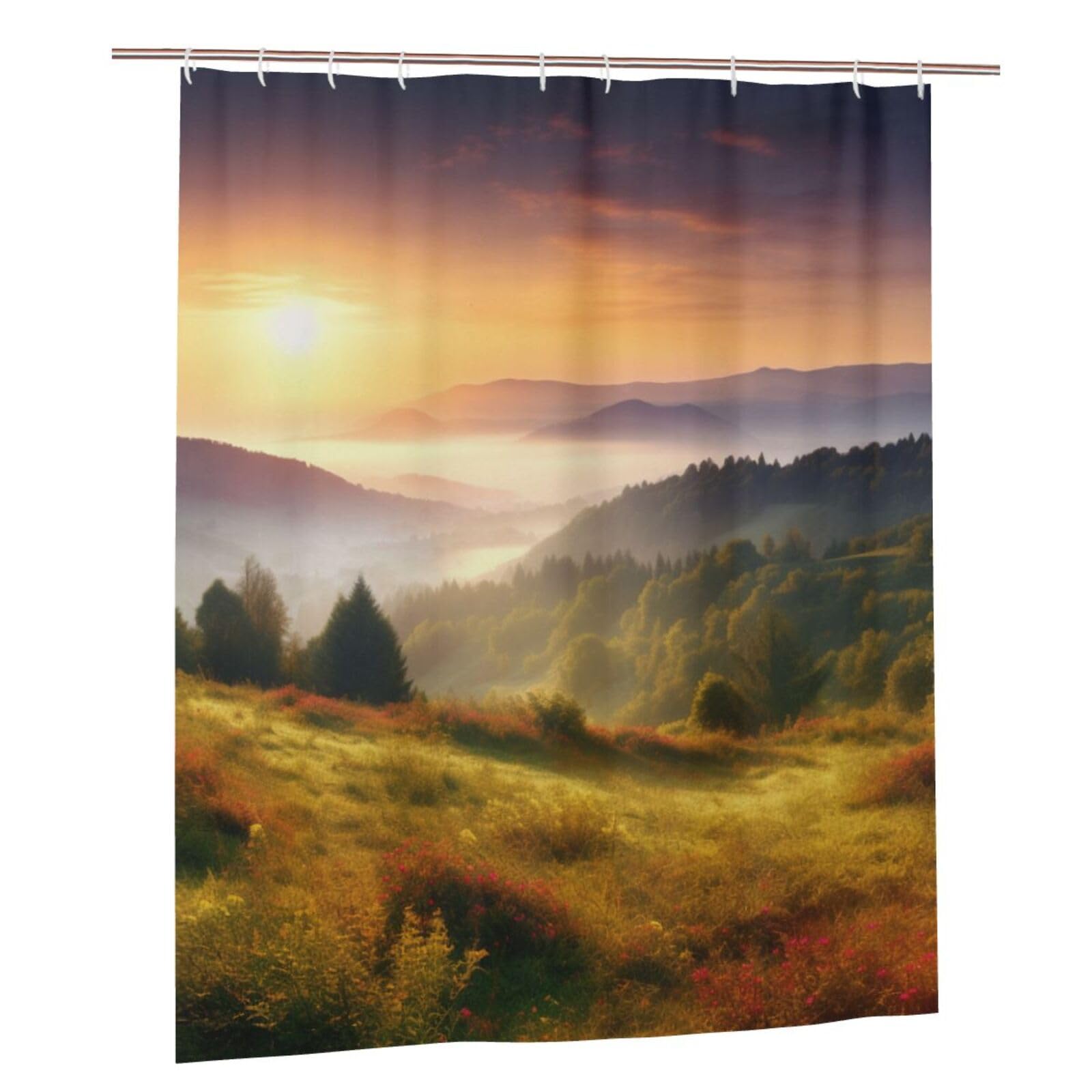BWWHCCTI Sunrise Nature Scenery Printed Shower Curtain With 12 Plastic Hooks Opaque Quick Drying Waterproof Shower Curtains Sets For Bathroom 152x183 Cm