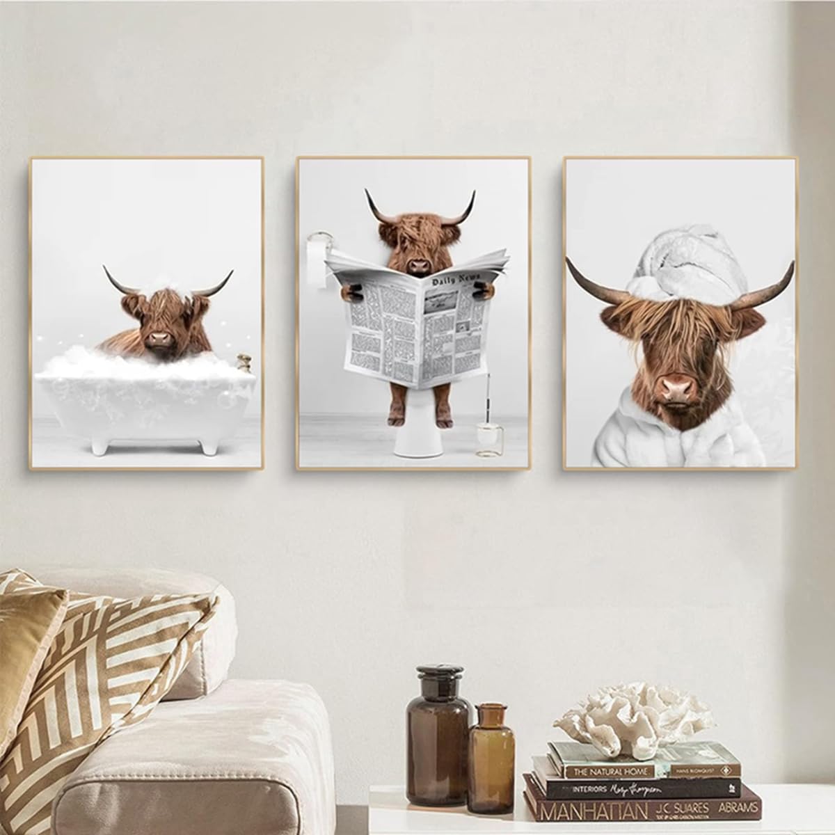 Set of 3 Posters Highland Cow Bathroom Posters, Pictures of Money Orangutans and Monkeys, Animal Black White Wall Art Prints - Image 4
