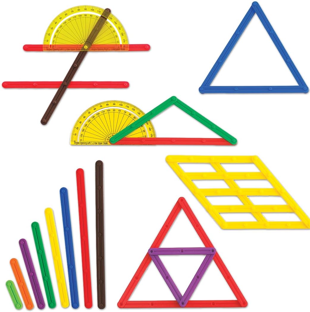 LEARNING ADVANTAGE GeoStix Basic Set - 80 Construction Sticks - 24 Activity Cards - 2 Protractors - Build 2D Shapes and Measure Angles - Teach Geometry with Construction